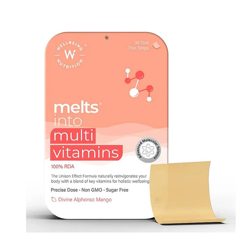 Wellbeing Nutrition Melts Multivitamins 30 Thin Oral Strips Divine Alphonso Mango flavour Wellbeing Nutrition Melts Multivitamins 30 Thin Oral Strips Divine Alphonso Mango flavour
