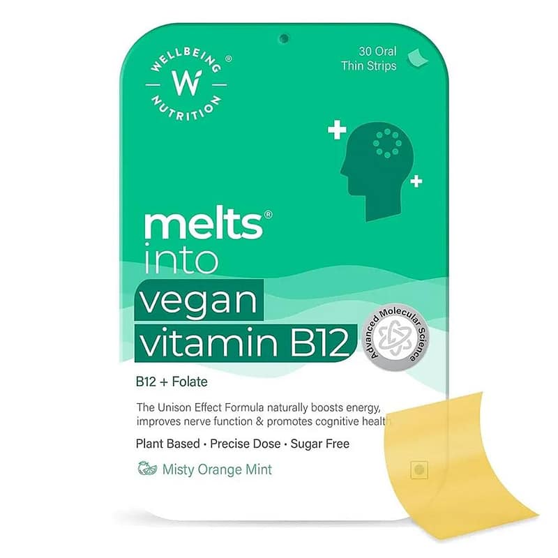 Wellbeing Nutrition Vegan Vitamin B12 30 Thin Oral Strips Misty Orange Mint flavour